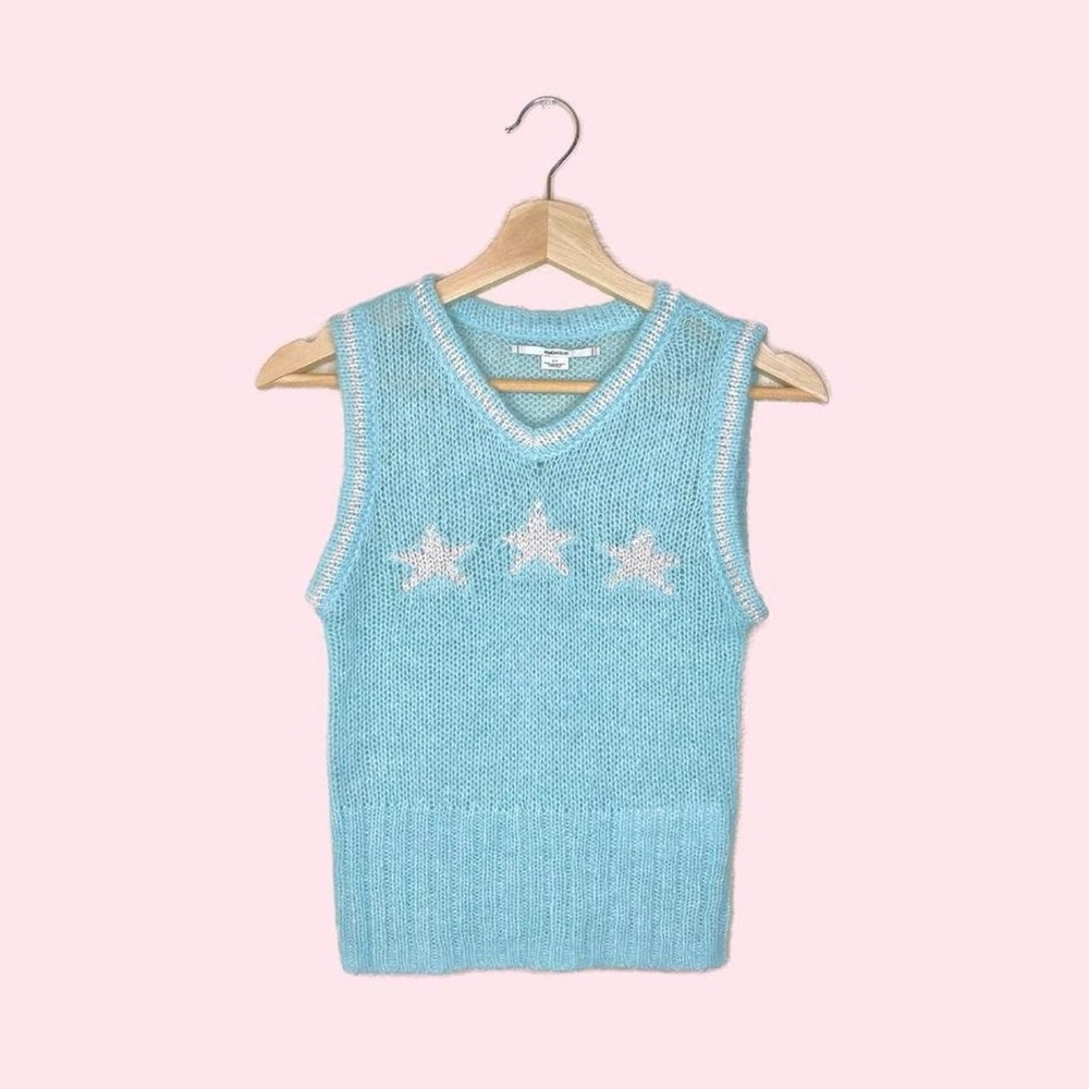 Urban Outfitters Light Blue Knit V-Neck Sweater Vest with White Stars
